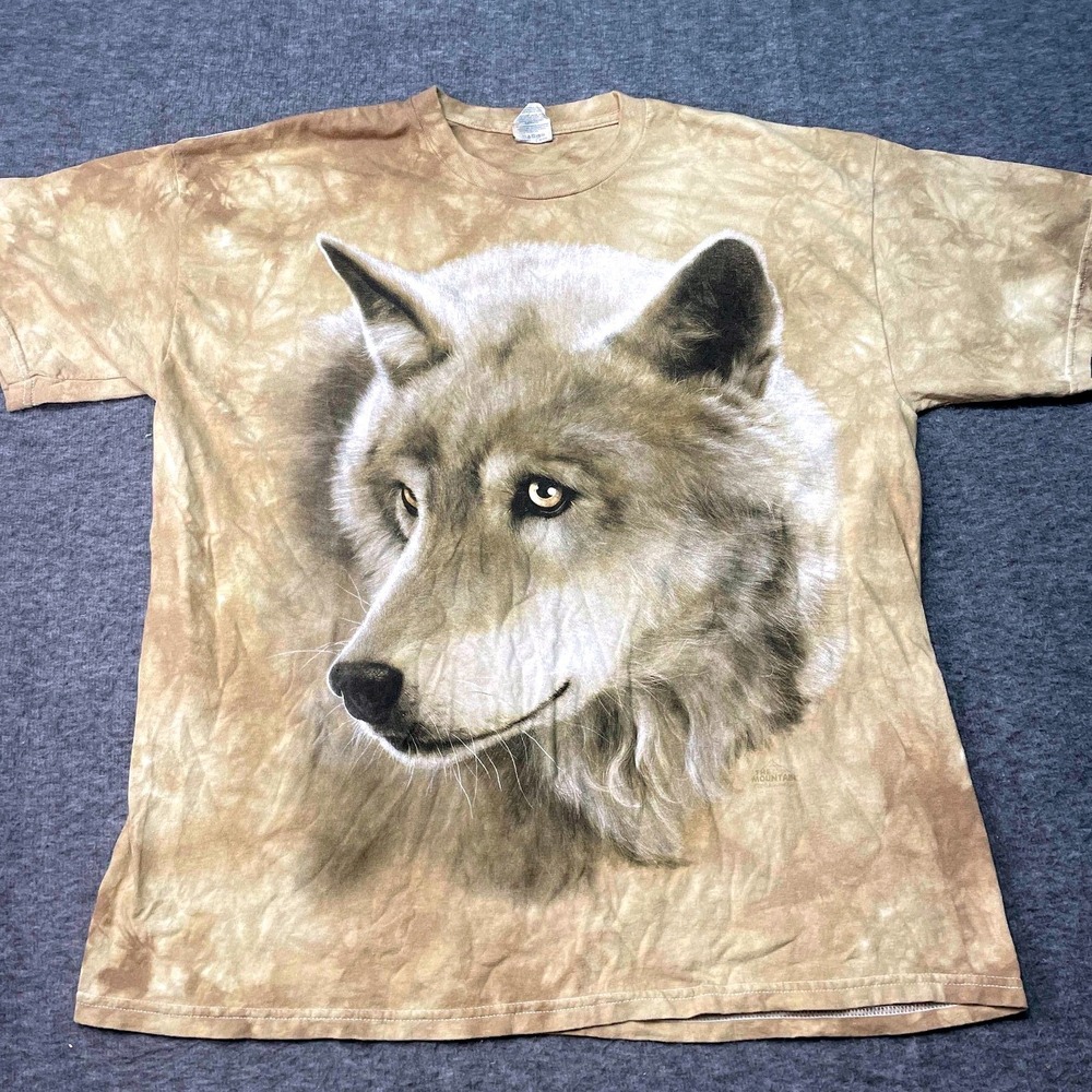 Vintage The Mountain Shirt Men XL Beige Tie Dye Wolf Casual 80s Boho Indie